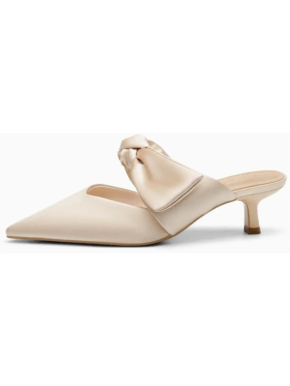 Women's Champagne Rubber Satin Bow Strap Kitten Heels Pointed Toe Slip On Pumps